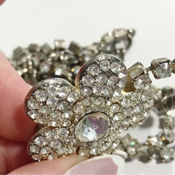VTG Silver Rhinestone Belt Sash Chain Pave Flower Buckle Metal 60s 70s Formal main image 8